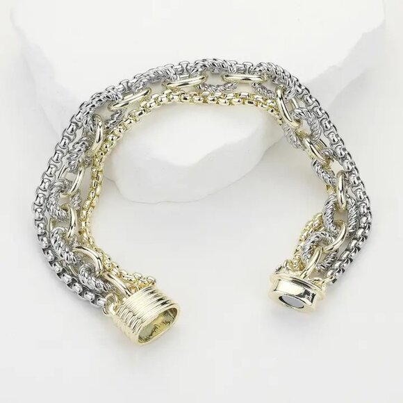 14K Gold Plated Two Tone Chunky Chain Magnetic Bracelet - Picture 3 of 4